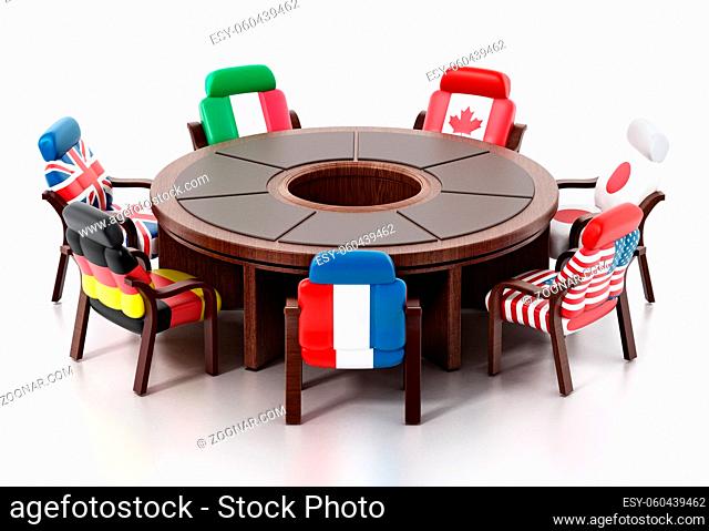 G7 flags standing around round table. 3D illustration