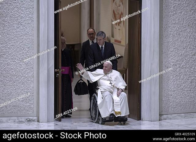 Vatican City, Vatican, 17 September 2022. Pope Francis arrives in a wheelchair for an audience with pilgrims coming from the Italian cities of Alessandria and...