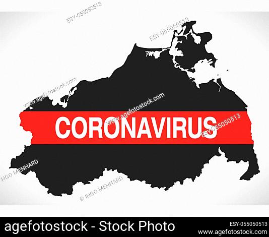 Mecklenburg-Vorpommern GERMANY federal state map with Coronavirus warning illustration