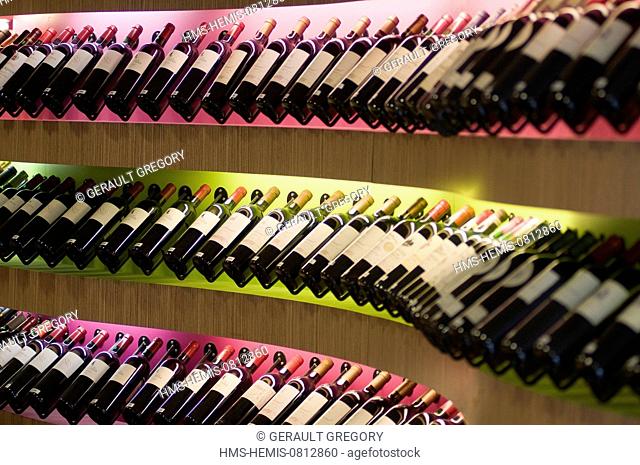 France, Gironde, Saint Emilion, cellar and wine bar l'Essentiel, the alignment of bottles