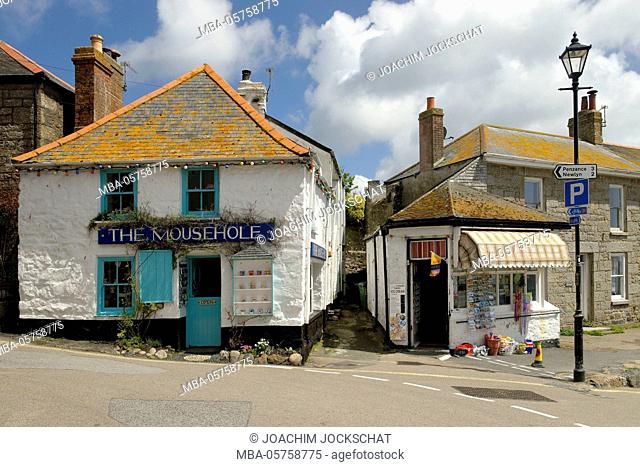 Souvenir shops in Mousehole near Penzance, Cornwall, Southern England, Great Britain