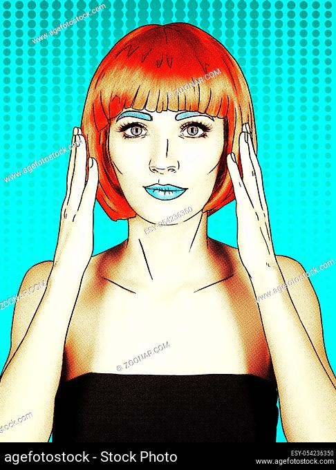 Portrait of young woman in comic pop art make-up style. Female in red wig on cyan cartoon background