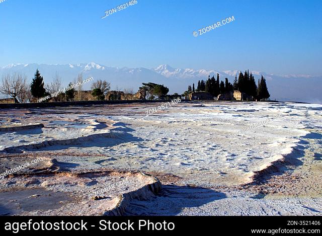 Trees and mountain in Pamukkale, Turkey