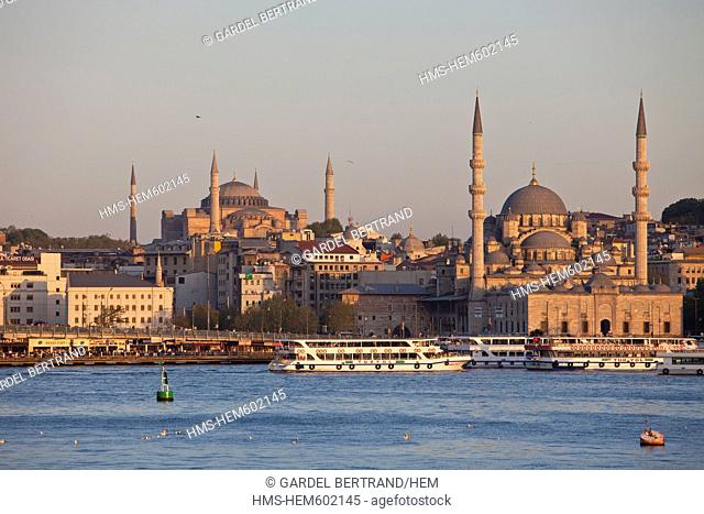 Turkey, Istanbul, historical centre listed as World Heritage by UNESCO, the Yeni Cami New Mosque mosque and Aya Sofya Hagia Sophia or Hagia Sophia in the...