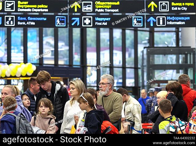 RUSSIA, SOCHI - NOVEMBER 2, 2023: Travellers queue to check in at Sochi International Airport named after Soviet cosmonaut Vitaly Sevastyanov (1935-2010)