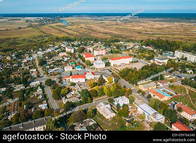Chachersk, Gomel Region, Belarus. Aerial View Of Skyline Cityscape. Old City Hall. Town Hall. Historical Heritage In Bird's-eye View