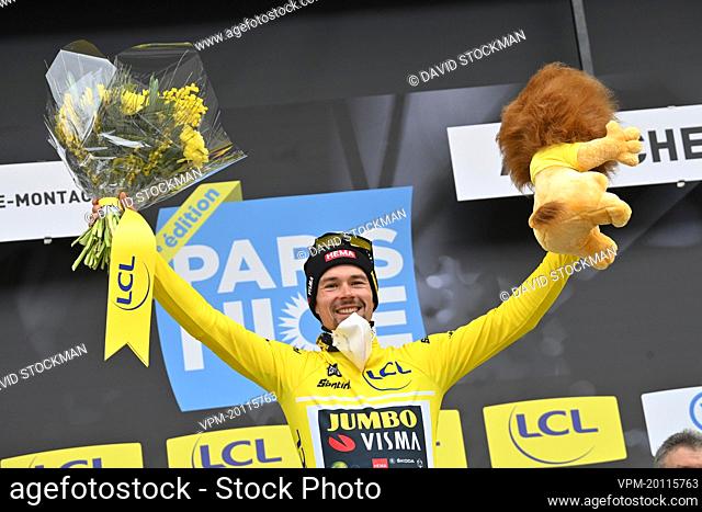 Slovenian Primoz Roglic of Jumbo-Visma celebrates on the podium in the yellow jersey of leader in the overall ranking after the fifth stage of 80th edition of...