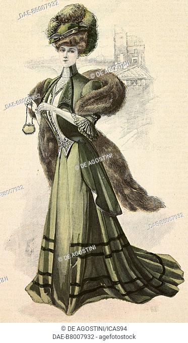 Woman wearing a walking or visiting dress, green Drap fabric, semi-formal skirt, dovetail jacket, fur stole and a hat with feathers