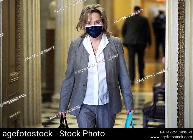Sen. Cindy Hyde-Smith (R-Miss.) arrives to the Senate Chamber for the fifth day of the impeachment trial of former President Donald Trump on Saturday
