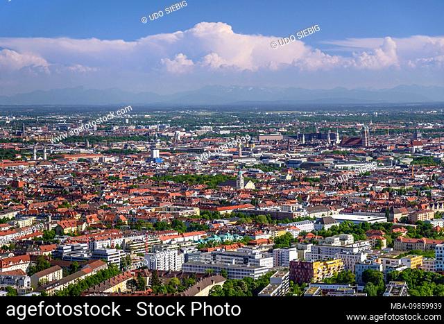 Germany, Bavaria, Upper Bavaria, Munich, city view against alpine chain, view from the Olympic Tower