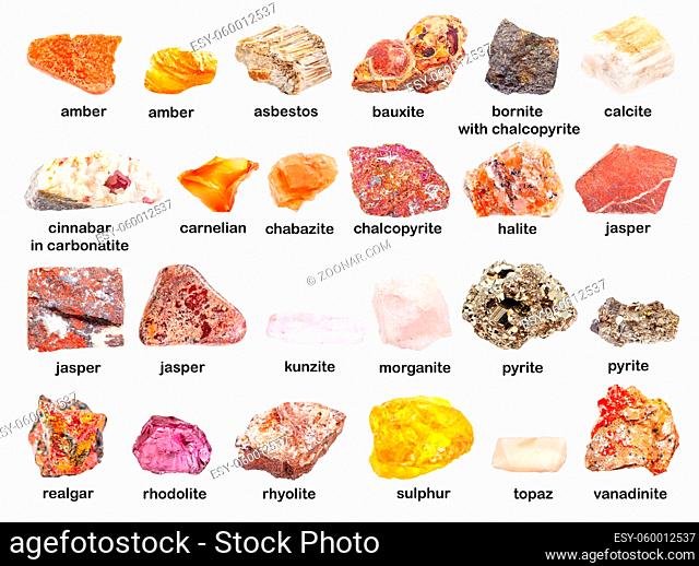 set of various unpolished red and orange stones with names (jasper, realgar, cinnabar, pyrite, chabazite, morganite, cornelian, amber, rhodolite, pyrope