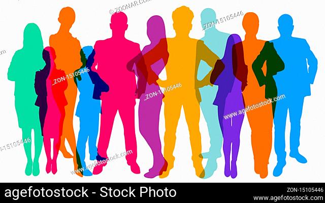 Bunte einfarbige Silhouetten vieler verschiedener Leute als Business Team und Bevölkerung Konzept