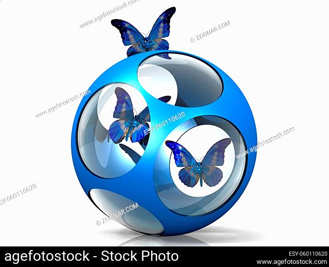 the butterfly in a metal and glass ball