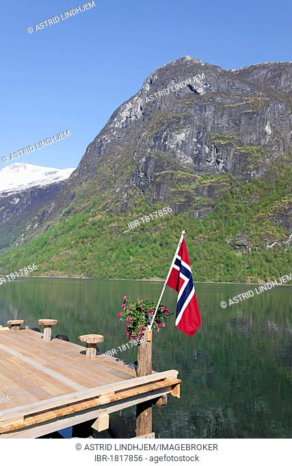 Norwegian flag, lake Oldevatnet, Briksdalen, Norway, Scandinavia, Europe