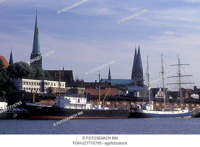 Germany, Lubeck, Schleswig-Holstein, Baltic Sea, Europe, Boats docked in the Hansahafen (harbor) in Lubeck