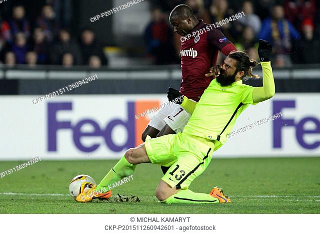Asteras Tripolis player Jorgos Zisopulos (right) and Kehinde Fatai of Sparta in action during the fifth round, Group K, the UEFA Europa League match AC Sparta...