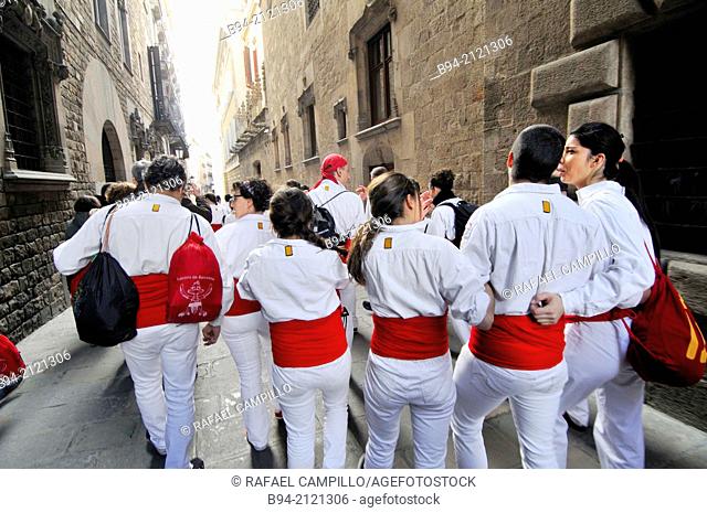 Falcons group of castells, human towers. Celebration of saint Eulalia martyr, February 12. 290-303 AD. Canonized 633 AD. Copatron of Barcelona