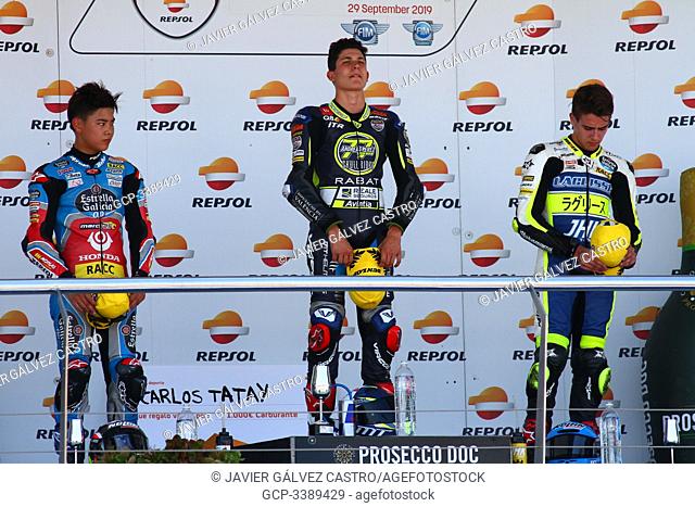 Carlos Tatay #99, Ryusei Yamanaka #6, Jeremy Alcoba #52, podium, Moto 3, winner of the two races on Sunday, FIM CEV 2019, Jerez de la Frontera