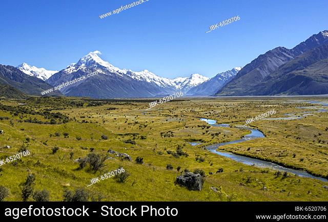 View of Mount Cook and snow covered mountains with Tasman River, Mount Cook National Park, Southern Alps, Canterbury, South Island, New Zealand, Oceania