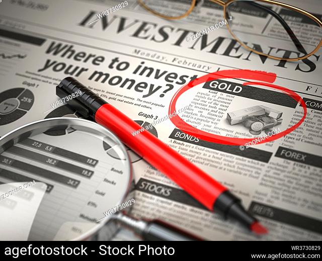 Gold is a best option to invest. Where to Invest concept, Investmets newspaper with loupe and marker. 3d illustration