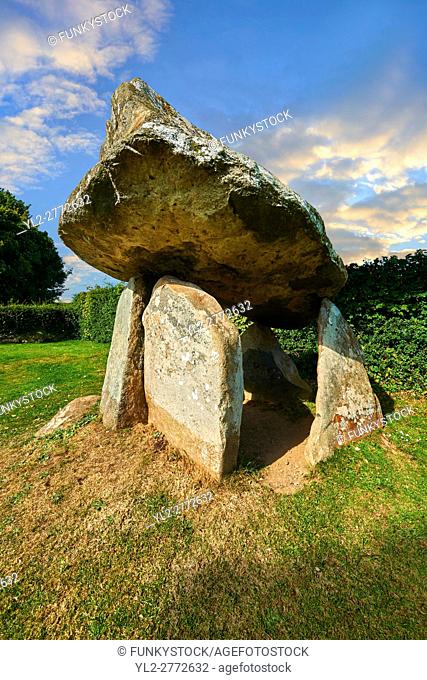 Carreg Coetan Quoit is a megalithic burial dolmen from the Neolithic period, circa 3000 BC, near Newport, North Pembrokeshire, Wales