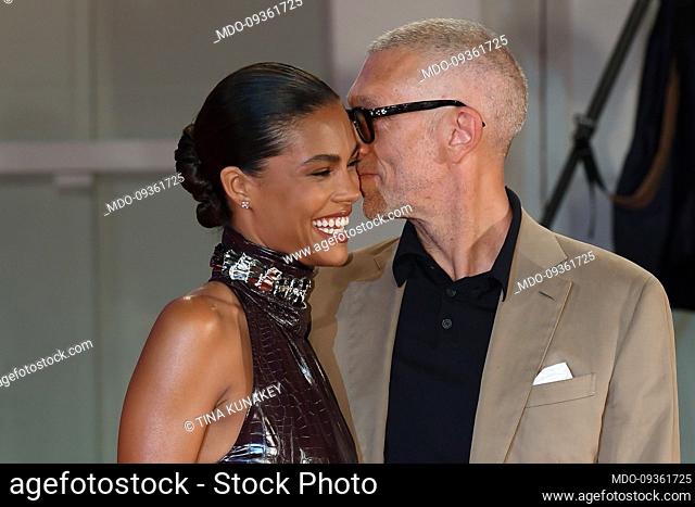 French model Tina Kunakey and her husband, french actor Vincent Cassel at the 79 Venice International Film Festival 2022. Red carpet Athena