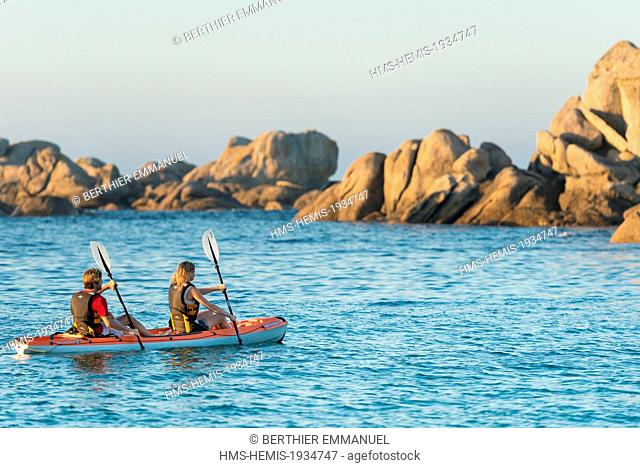 France, Finistere, Brignogan Beaches, kayak on the point of Beg Pol