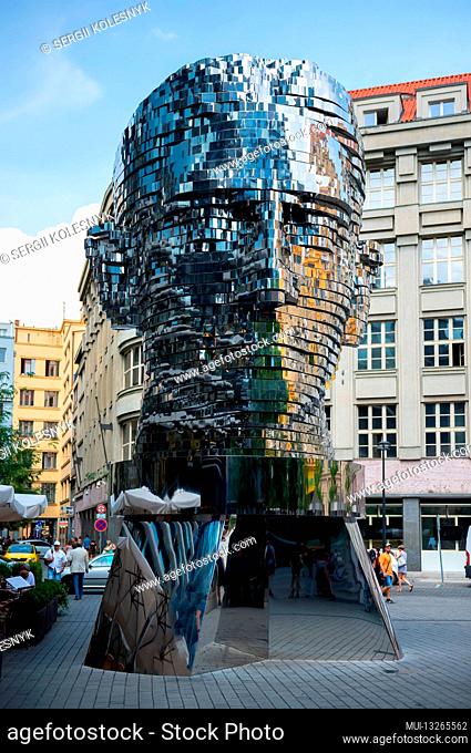 Prague, Czech Republic - August 2, 2018: Revolving statue of the head of Franz Kafka in Prague. Modern statue of the famous writer