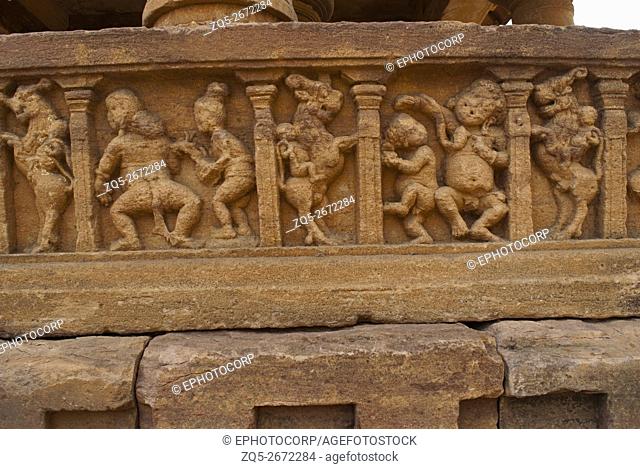 Carvings on the entrance panel. Jain temple, known as Jaina Narayana, Pattadakal, Karnataka, India. This upper zone of a panel has a series of ghata-palava