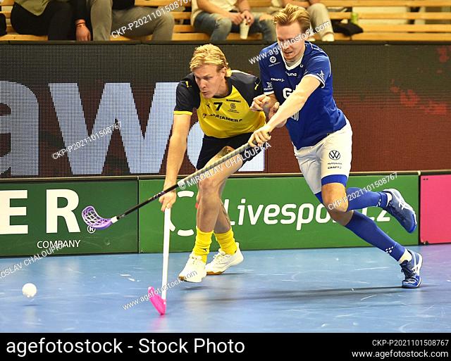 L-R Kim Nilsson (SWE) and Mikko Leikkanen (FIN) in action during Euro Floorball Tour, match Sweden vs Finland, on October 15, 2021, in Pilsen, Czech Republic