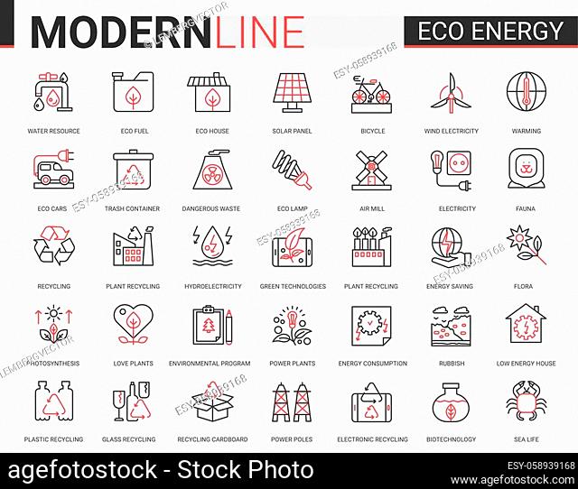 Eco energy flat icon vector illustration set. Red black thin line website design collection of ecology problems linear symbols