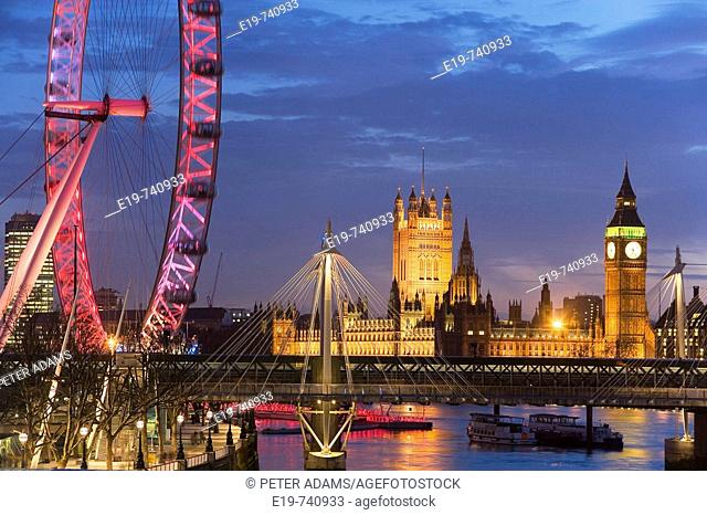 Houses of Parliament, London Eye & Jubilee Bridge on River Thames, London, UK