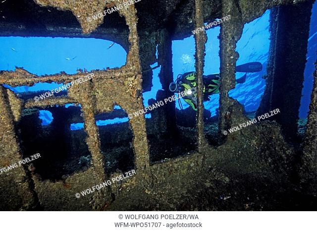 scuba diver in ship wreck, Elba, Mediterranean Sea, Italy