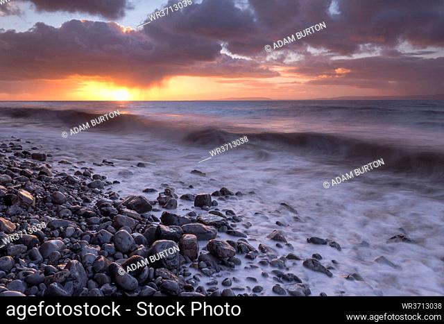 Sunrise over the sea at Llantwit Major in winter, Glamorgan, Wales, United Kingdom, Europe