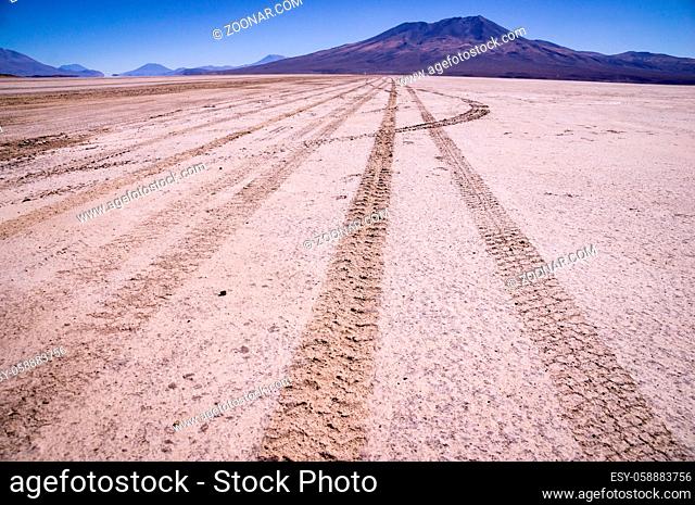 Car tracks on salt lake at Salar de Uyuni, Bolivia with Andean mountains in the background