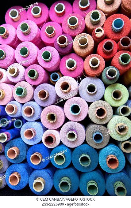 Colorful spools at the shop in town center, Kas, Antalya Region, Turkish Riviera, Turkey, Europe