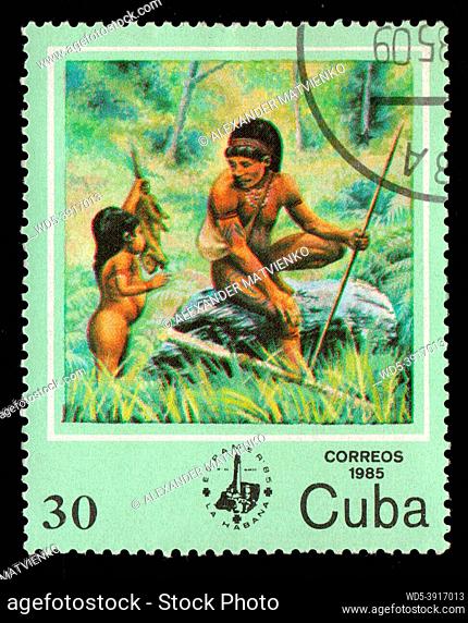 Cuba - CIRCA 1985: Cuban stamp dedicated to American Indians. Postage stamp about the indigenous people of Latin America. Indians depicted on stamps