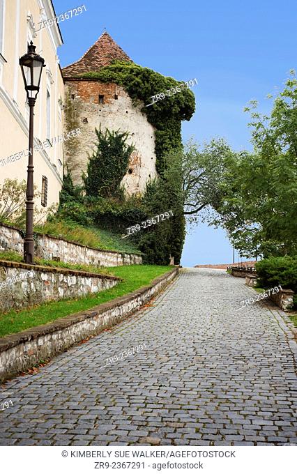 Brick walkway on Lichenstein castle grounds, South Moravia, Mikulov, Czech Republic, Europe