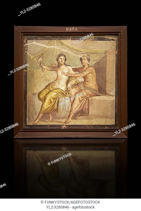 1 cent AD Roman Erotic fresco depicting Mars and Venus Pompeii (VI, 9, 2, ) Casa die Meleagro, inv 9250, 1st century AD, Naples Archaological Museum , Italy