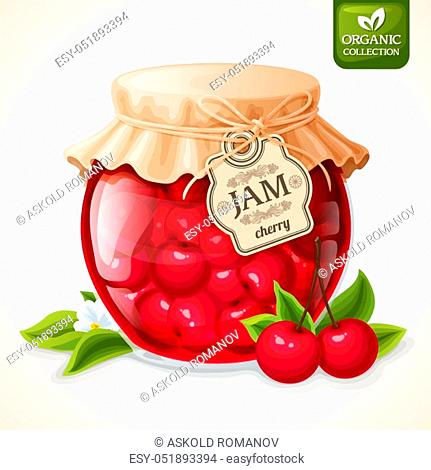 Natural organic homemade cherry berry jam in glass jar with tag and paper cover vector illustration