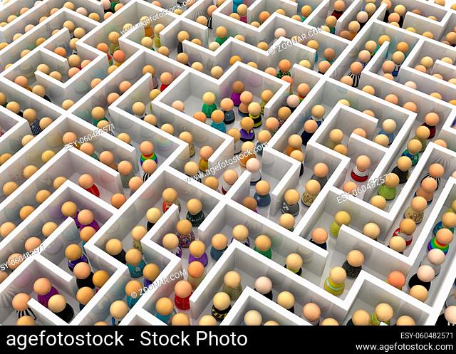 Crowd of small symbolic figures white labyrinth, 3d illustration, horizontal
