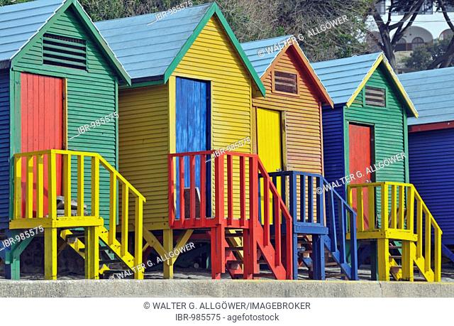 Colourful changing rooms on St. James beach near Muizenberg, Falsebay, Somerset West, South Africa, Africa