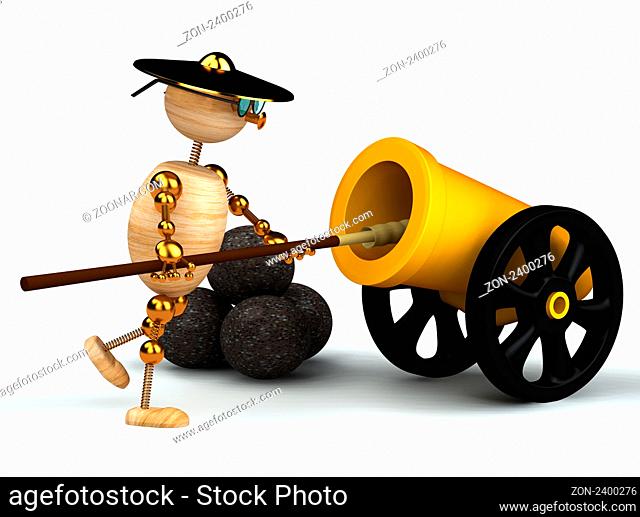 3d wood man clean yellow cannon isolated on white
