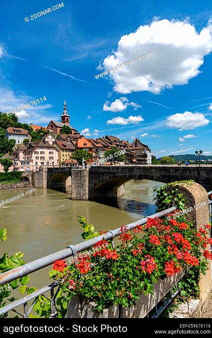 Laufenburg, BW / Germany - 4 July 2020: the historic Rhine bridge and old town of Laufenburg in southern Germany