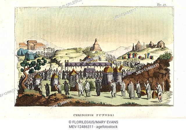 Chinese funeral ceremony with mourners in a procession to a tomb in a cemetery. Handcoloured copperplate engraving by Andrea Bernieri from Giulio Ferrario's...