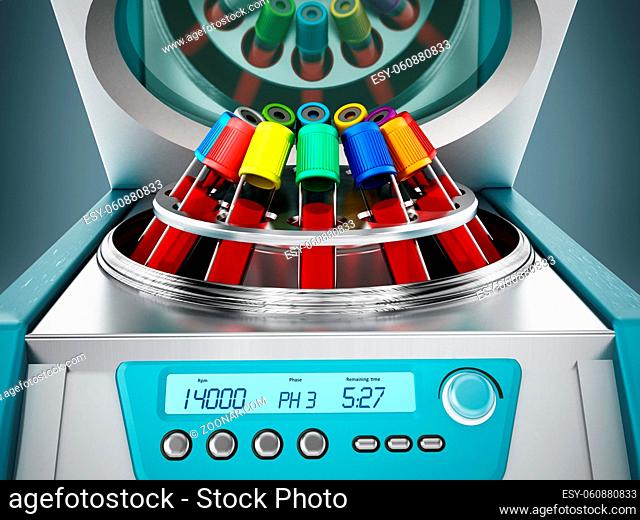 Blood centrifuge machine with test tubes full of blood samples. 3D illustration