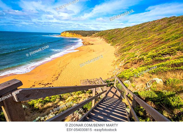 The legendary Bells Beach of the movie Point Break, near Torquay, gateway to the Surf Coast of Victoria, Australia, here starts the Great Ocean Road