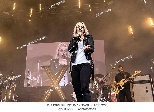 Kiel, Germany - June 16, 2018: Stefanie Heinemann is performing in the Rathaustage during Kiel Week 2018