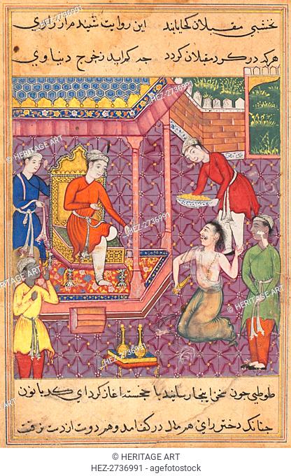 Page from Tales of a Parrot (Tuti-nama): Thirty-fifth night: The magician disguised.., c. 1560. Creator: Unknown