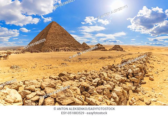The Pyramid of Menkaure and the rocks in the desert of Giza, Egypt